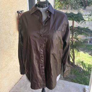 Brown faux Leather Button-Front Shirt